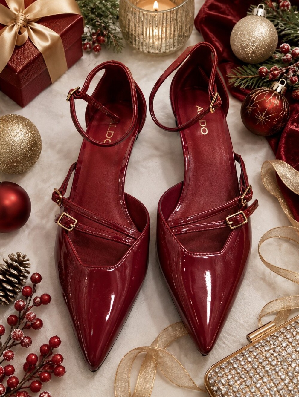 Aldo Holiday Red Patent Leather Kitten Heel Pointed Toe Strappy Pumps Shoes. 7.5